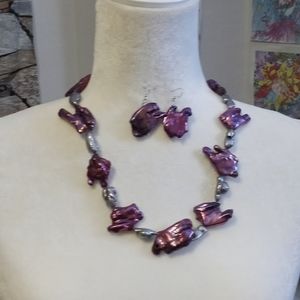 AVAILABLE-Handmade Lrg Sq purple & cylindrical grey Freshwater pearls w/magnet